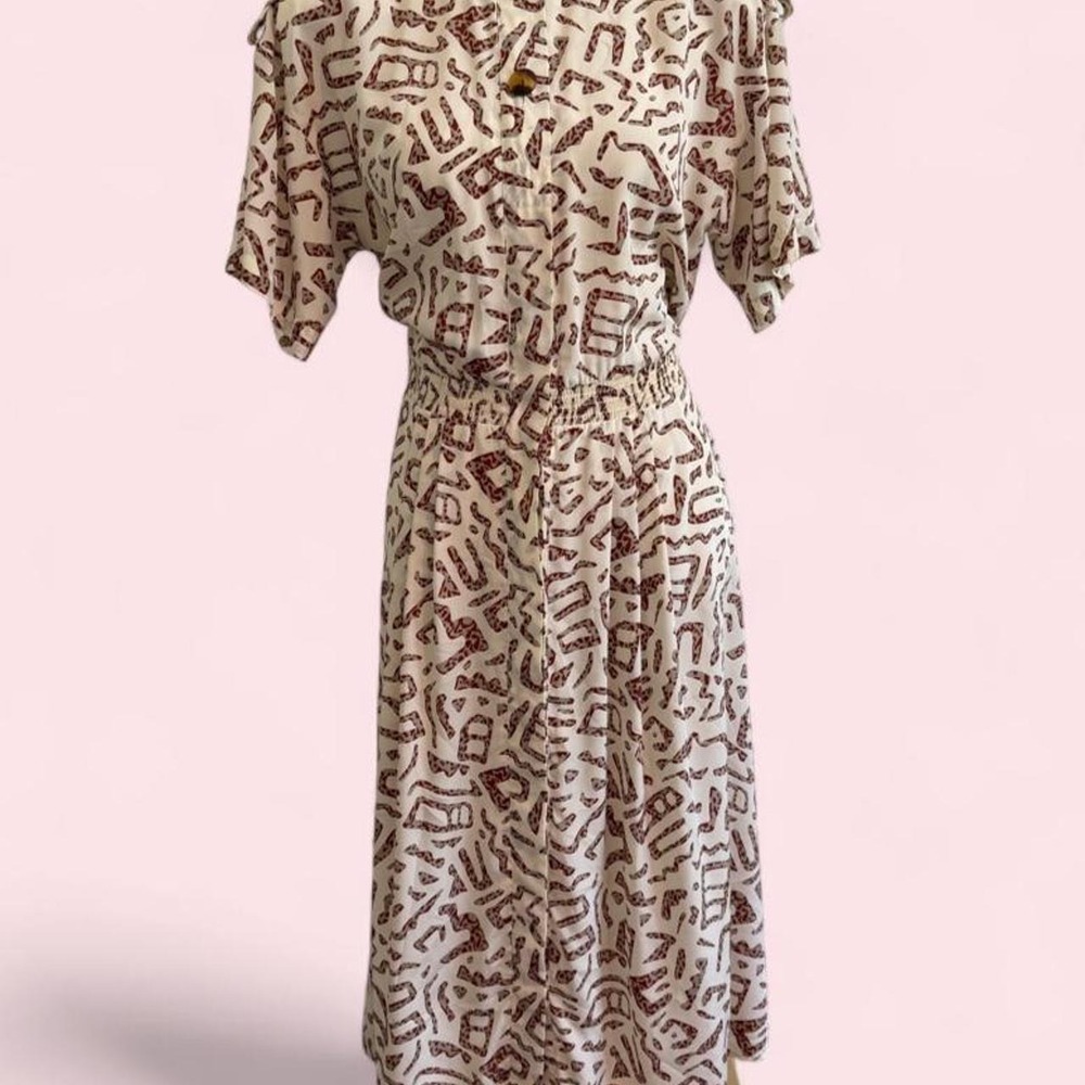 Vintage Liz Claiborne Cream & Brown Abstract Print Dress | Size Petite 10